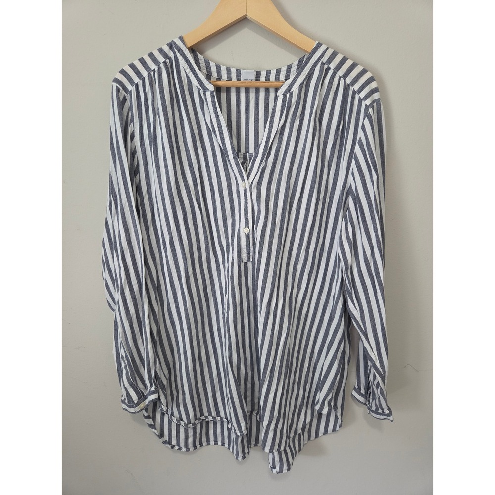 Old Navy Womens XL Blue White Striped Split Neck Tunic Blouse Long Sleeve Cotton